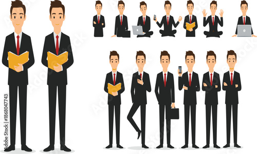 Young Businessman Character Set in Black Suit Holding a Notebook and Using Laptop in Various Poses.
