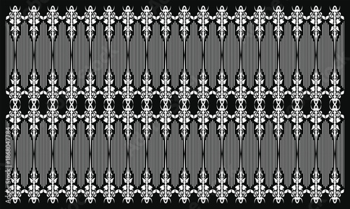 The image displays a Thai applied pattern, characterized as an ethnic and luxury silver geometric pattern set against an abstract black background. It is an intricate black and white seamless pattern 