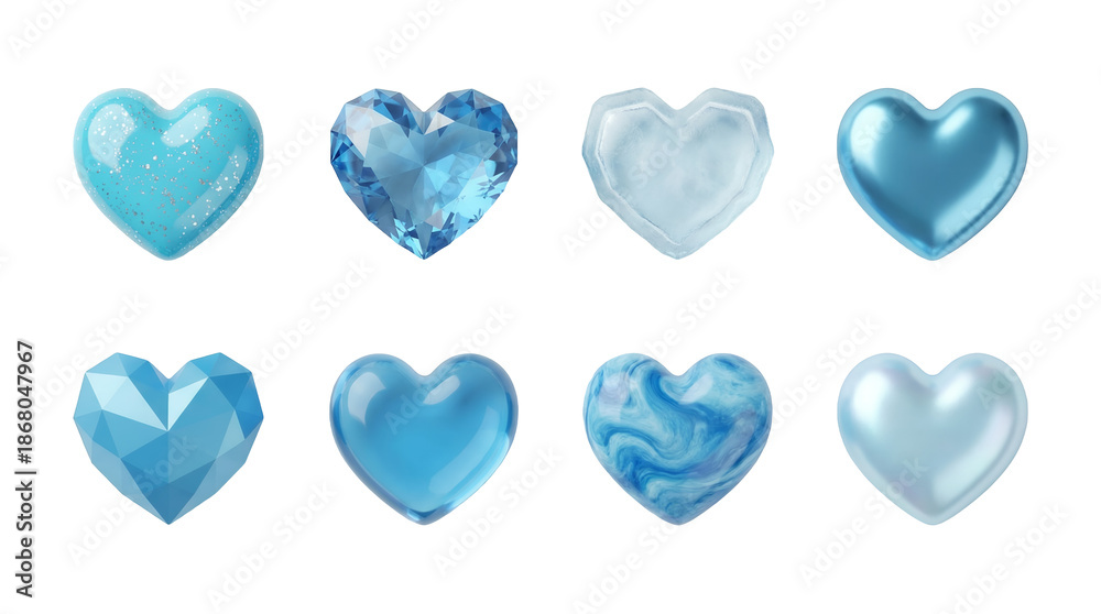 Fototapeta premium Blue heart set including gemstone, crystalline, liquid, metallic, and glass styles isolated. Decorative icons for romance and jewelry design.
