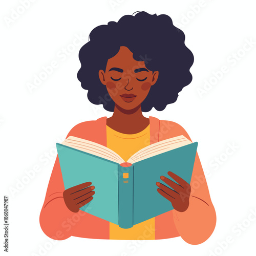 A young woman reading a book calmly with eyes closed in a relaxed environment
