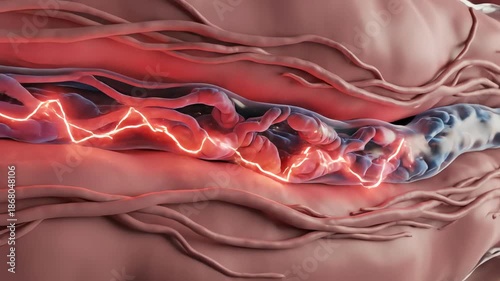 Nociceptor nerve endings embedded in soft tissue, their membranes shimmering as ion channels open in response to a mild stimulus. Sodium particles rush inward like tiny glowing sparks