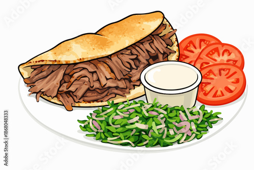 Appetizing portion doner served with fresh greens and tomato slices.