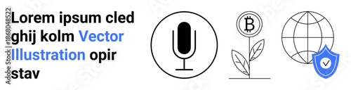 Digital economy, online security, web design, environmental tech, communication, cryptocurrency. Microphone, Bitcoin sprout globe and shield icon. Communication and online security concept