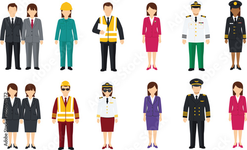 Diverse Professional Uniform Icon Set Featuring Pilot, Engineer, Doctor, and Corporate Business Attire for Men and Women.