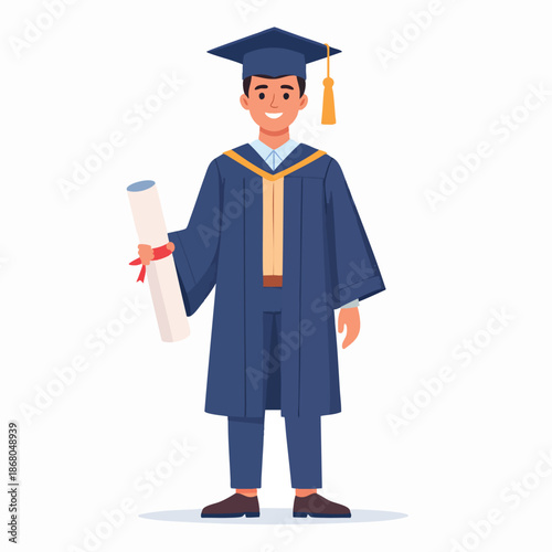A young graduate holding a diploma proudly in a cartoonish illustration
