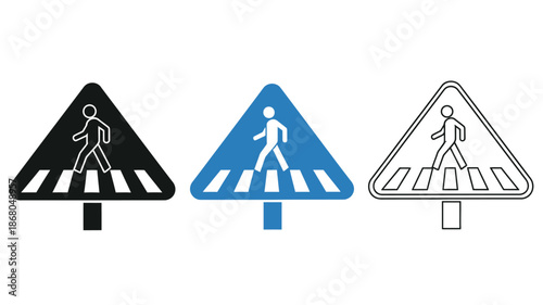 Pedestrian crossing warning sign variations in different color schemes silhouette