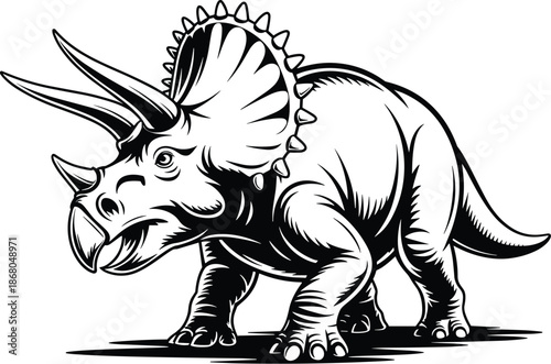 Detailed triceratops dinosaur illustration walking strong reptile prehistoric animal extinct drawing vector artwork for paleontology education science museum exhibits natural history design black and