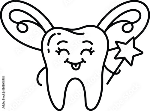 Cute tooth fairy cartoon character with wings and magic wand smiling happy dental care hygiene vector illustration for kids dentistry advertising educational materials children's books health and well