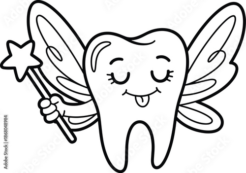 Cute cartoon tooth fairy with magic wand illustration for children's dentistry educational materials dental health awareness campaign happy kawaii character design for kids oral hygiene presentation c
