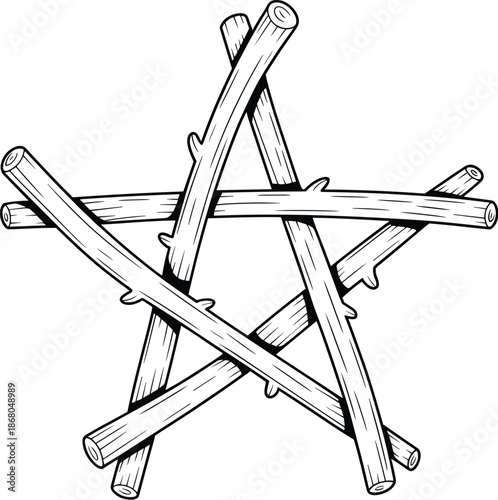 Stylized pentagram composed of wooden sticks magic occult pagan symbol illustration wiccan spirituality witchcraft esoteric pentacle element for religious posters alternative lifestyle graphic design
