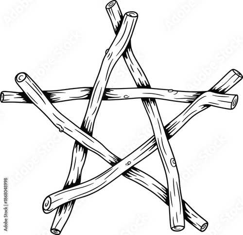 Hand Drawn Pentagram Star Symbol Made of Wooden Sticks Pagan Religious Icon Occult Wicca Sign Spiritual Protection Amulet Rough Sketch Illustration for Esoteric Practices Mystical Rituals Alternative