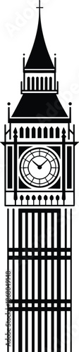 Iconic Big Ben Clock Tower Silhouette Illustration Standing Tall in London United Kingdom Minimalist Black and White Design Symbol of British Culture and History UK Travel Destination Landmark for Tou