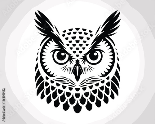 Detailed owl face illustration symmetrical minimalist design featuring intricate feather patterns on a white background nocturnal bird of prey graphic element for nature conservation educational mater