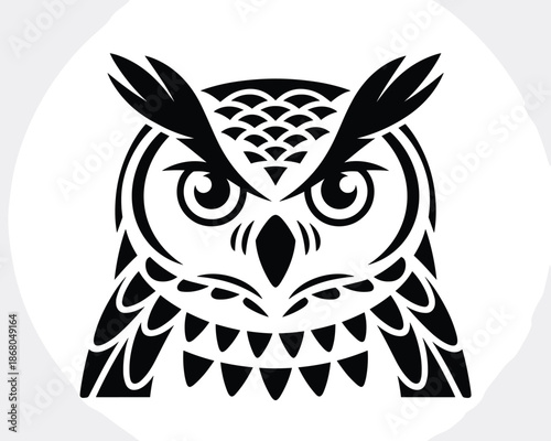 Stylized owl vector illustration graphic design element for educational materials and nocturnal wildlife conservation awareness campaigns detailed black and white owl logo for nature themed branding a