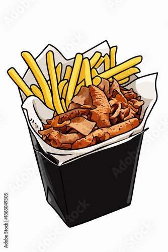 Doner and french fries served practically in a cardboard box.