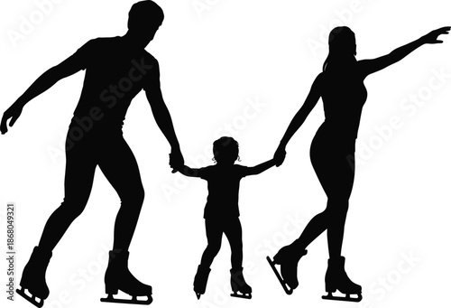 Silhouette of family ice skating together holding hands on white background happy active lifestyle concept winter sport activity family fun recreational figure skating adventure exercise and healthy l