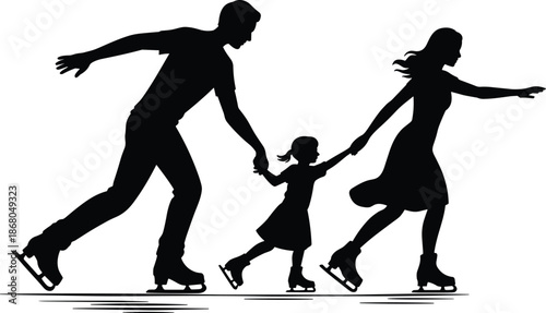 Happy family ice skating silhouette vector illustration of father mother and child holding hands enjoying winter sport activity together on ice rink healthy lifestyle family fun concept for recreation