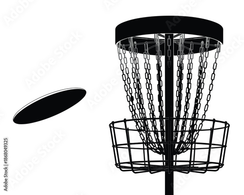 Minimalist disc golf basket illustration with flying disc for outdoor recreational sports and activities in park or nature setting equipment vector graphic for sports advertising and event promotion w