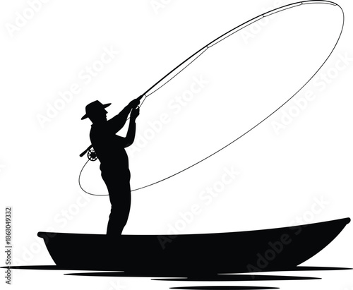 Silhouette of fly fisherman casting line from boat on water surface recreational outdoor sport activity for leisure travel adventure in nature tourism and environmental conservation project with black