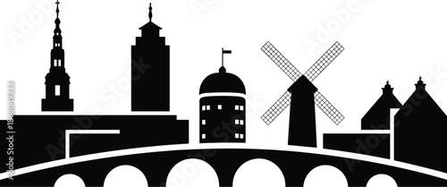 Detailed black silhouette of historic european city skyline with church spire windmill and domed building on arched bridge vector illustration for travel destination architecture landmark tourism and