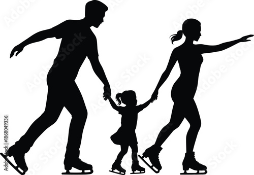 Silhouette family ice skating together on winter outdoor rink cheerful father mother and child having fun active lifestyle seasonal holiday activity family bonding concept for recreation marketing and