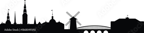 Copenhagen Denmark skyline silhouette with landmarks including windmill towers and bridge minimal black vector illustration for city travel tourism guide architecture and european culture destination