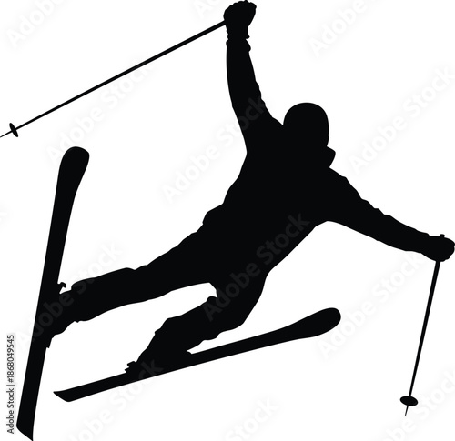 Silhouette of skier jumping in mid air extreme winter sport action freestyle skiing silhouette graphic illustration for sports advertising adventure travel tourism promotion winter games and outdoor r