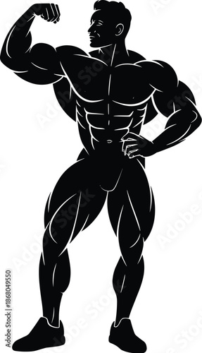 Strong muscular bodybuilder flexing biceps silhouette vector illustration athletic man demonstrating strength fitness training sportsman physique workout bodybuilding power sport exercise health welln