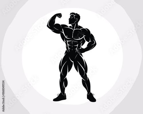 Strong muscular bodybuilder man flexing bicep showing muscles in silhouette illustration fitness motivation bodybuilding training workout athletic physique for gym poster health and wellness nutrition