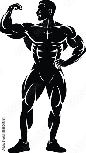 Powerful muscular bodybuilder flexing biceps on white backdrop silhouette illustration for fitness center or gym advertisement strong athlete demonstrating strength and physique for health and wellnes