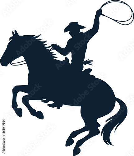 Cowboy silhouette riding bucking bronco horse with lasso vector illustration wild west rodeo rider in action professional graphic design element for western themed projects and outdoor adventure recre