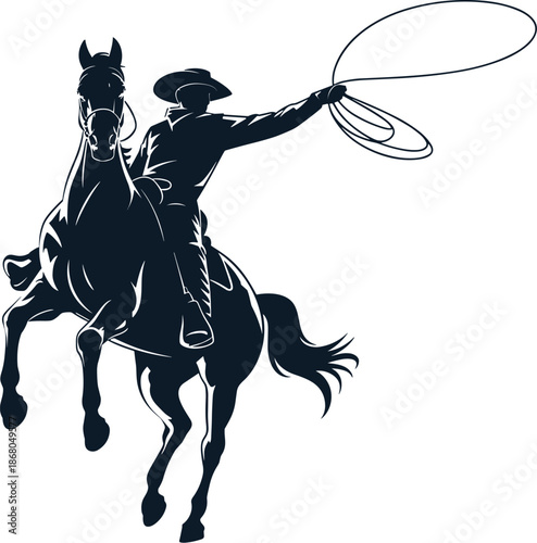 Cowboy riding horse throwing lasso silhouette vector illustration of equestrian sport wild west rodeo isolated graphic design element for vintage western adventure country lifestyle branding and creat