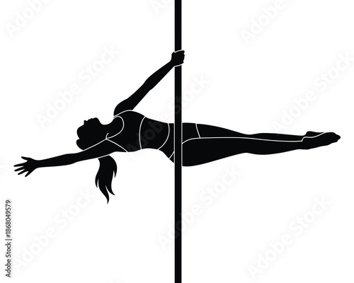 Silhouette of sporty woman performing pole dance fitness exercise in studio for strength and flexibility training artistic athletic workout modern sensual dance professional performance arts concept