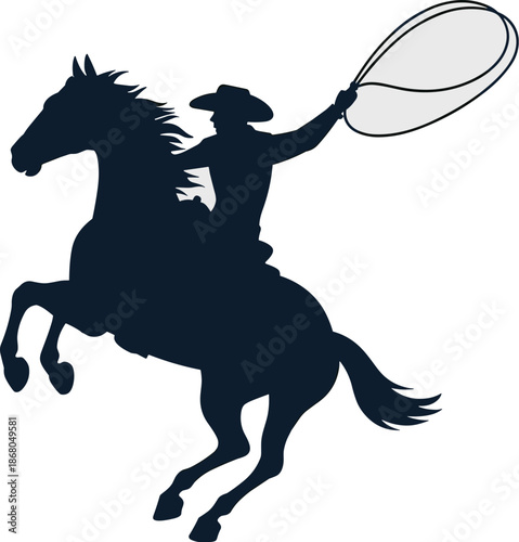 Silhouette of cowboy riding horse throwing lasso in the air illustration of equestrian sports ranch life and western lifestyle design element for rodeo poster or country music event advertising 1950s