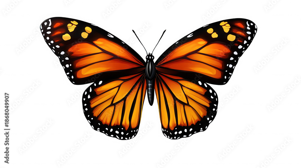 Fototapeta premium Detailed illustration of a vibrant orange and black monarch butterfly showing its delicate wing patterns and body detail on transparent background