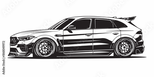 Фотография Car side view vector icon, black and white detailed illustration, black car isol