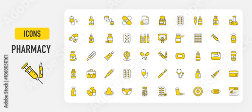 Set of Pharmacy vector. Drip, Lotion, Blood Pressure Gauge, Bandage, Medicine, Pills, Drops, Herbal Medicine, Flask, Eye Dropper, Pills Bottle, Tablets, Vaccine, Certificate, Syrup illustration. 