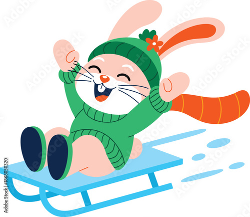 Happy cartoon rabbit sledding downhill in winter snow wearing green knit hat and sweater joyful bunny character illustration for holiday season greeting cards children books seasonal advertising and f