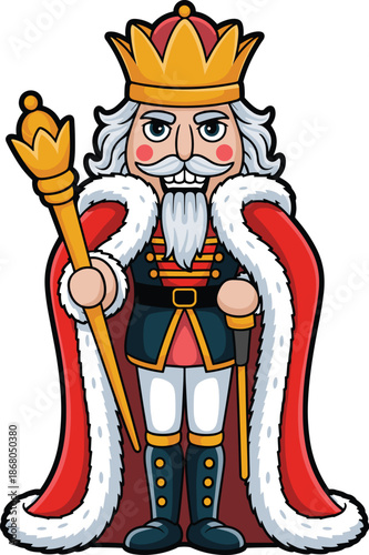 Cartoon nutcracker king holding scepter in royal cloak fairytale character illustration nutcracker prince for christmas holiday season festive decoration traditional symbol mascot for holiday cards po