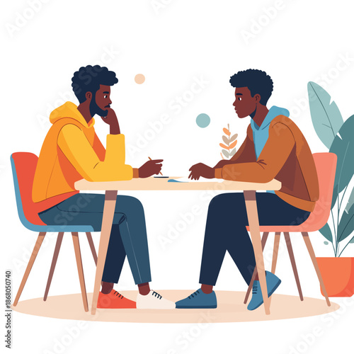 Two men engaged in conversation while seated at a table outdoors with a potted plant nearby