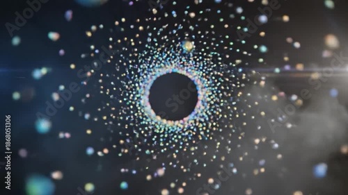Abstract visualization of colorful light particles swirling rapidly around a central dark circular void creating an energetic vortex tunnel effect suggesting digital data flow or futuristic travel.