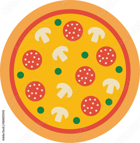 Delicious Pepperoni Pizza with Mushrooms and Olives Italian Cuisine Illustration Freshly Baked Traditional Recipe Fast Food Graphic Design for Restaurant Menu Social Media Marketing Advertising Culina