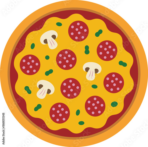 Delicious pepperoni pizza with mushrooms and green peppers homemade Italian cuisine traditional dinner classic comfort food fresh ingredients baked dough meal illustration for restaurant menu advertis