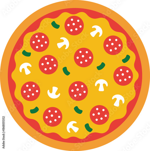Delicious pepperoni pizza with mushrooms and peppers illustration for restaurant menu designs food delivery apps and pizzeria marketing materials tasty italian cuisine flat vector graphic isolated on