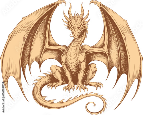 Detailed Illustration of Ancient Dragon with Large Wings and Horns in Fantasy Art Style Mythical Creature for Storytelling and Game Design Vintage Graphic for Book Covers and T-shirt Prints Fantasy Il