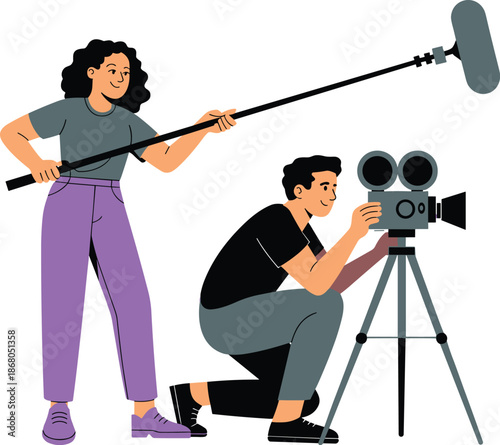 Professional film crew shooting video with camera and boom microphone operator recording sound on set for movie production behind the scenes in studio for broadcast media entertainment industry projec