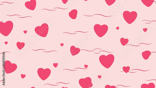 Seamless pattern with pink hearts and wavy lines background