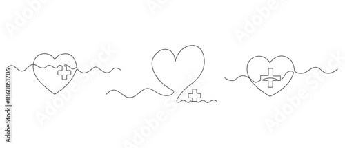 Continuous one line heart with medical cross for healthcare concept
