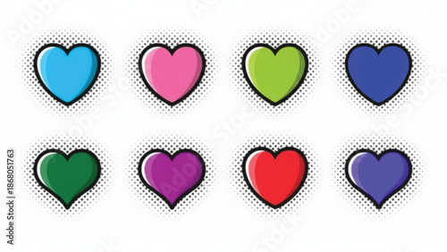 A vibrant collection of eight colorful hearts arranged in two rows showcasing various shades and hues for a cheerful design.