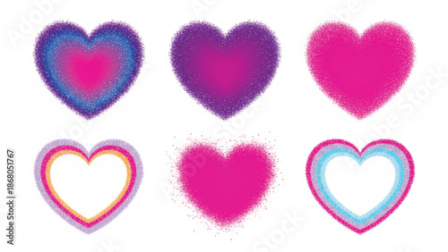 A collection of six stylized heart shapes featuring various pink and purple glitter textures, gradients, and outline designs, presented against a pure white background.